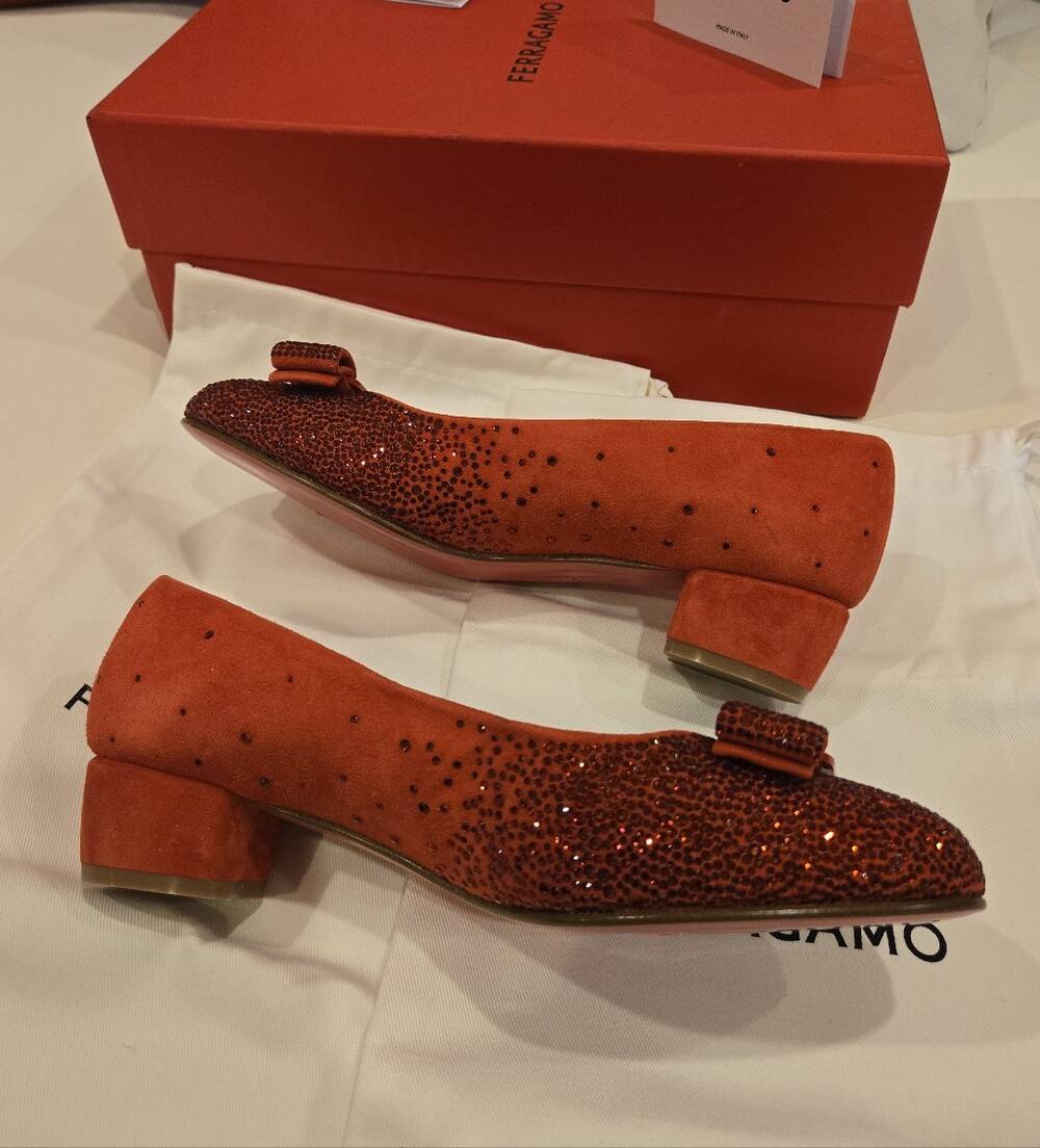 Salvatore Ferragamo Crystal-Embellished Suede Red Pumps Size 6 NWB - Picture 9 of 16
